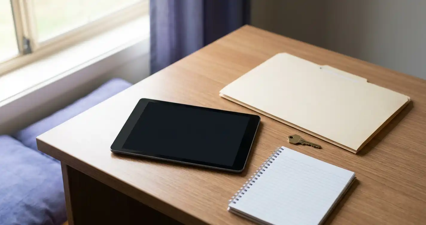 A blank tablet beside a closed document folder, plain notebook and secure key on a neatly arranged desk