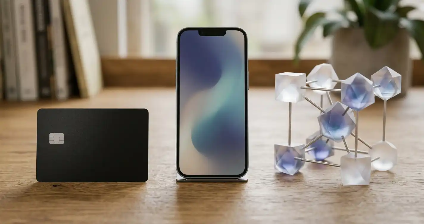 A blank payment card, plain smartphone and abstract connected geometric nodes on a wooden surface