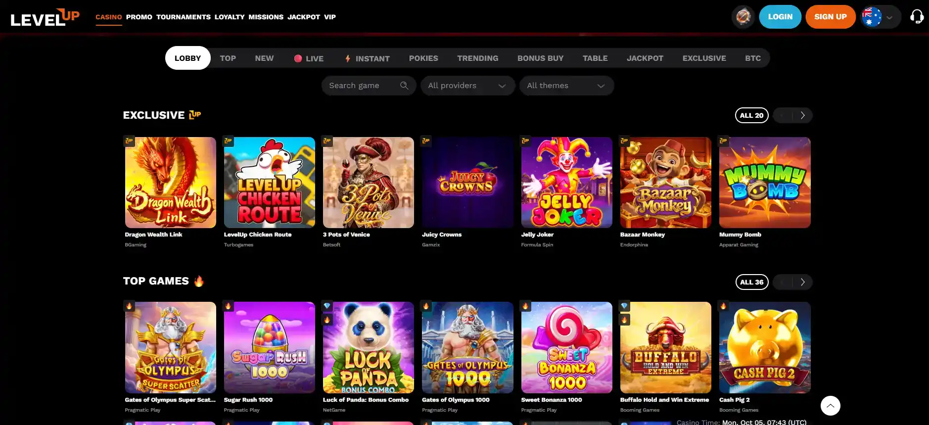 LevelUp Casino public homepage and game-category interface