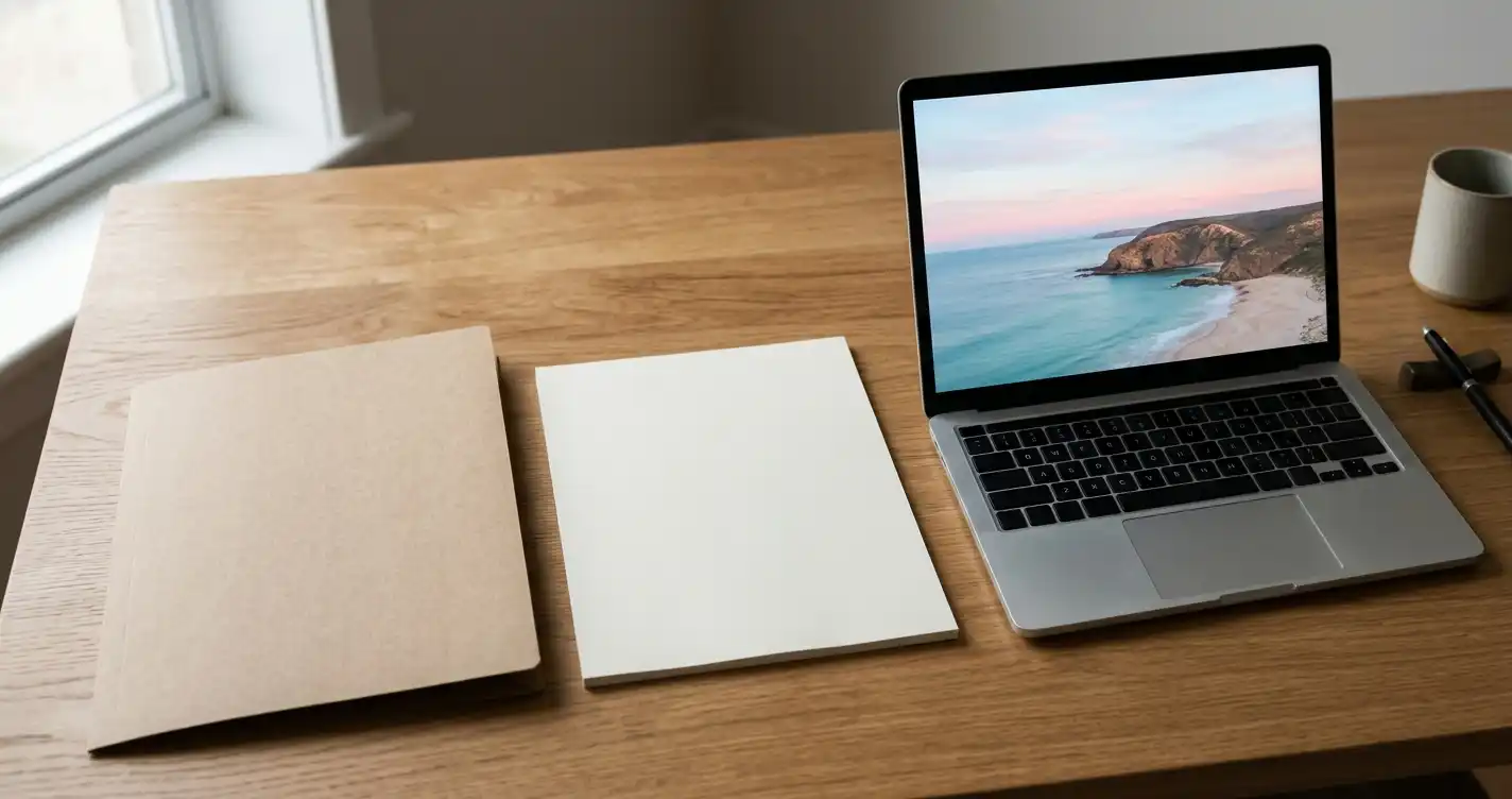 An unmarked document folder beside a laptop showing an abstract coastal landscape