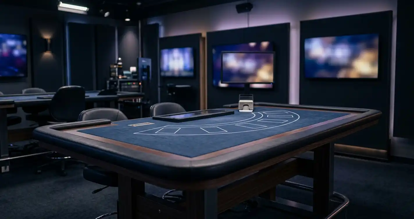 Unbranded live-dealer table beside softly lit abstract slot screens
