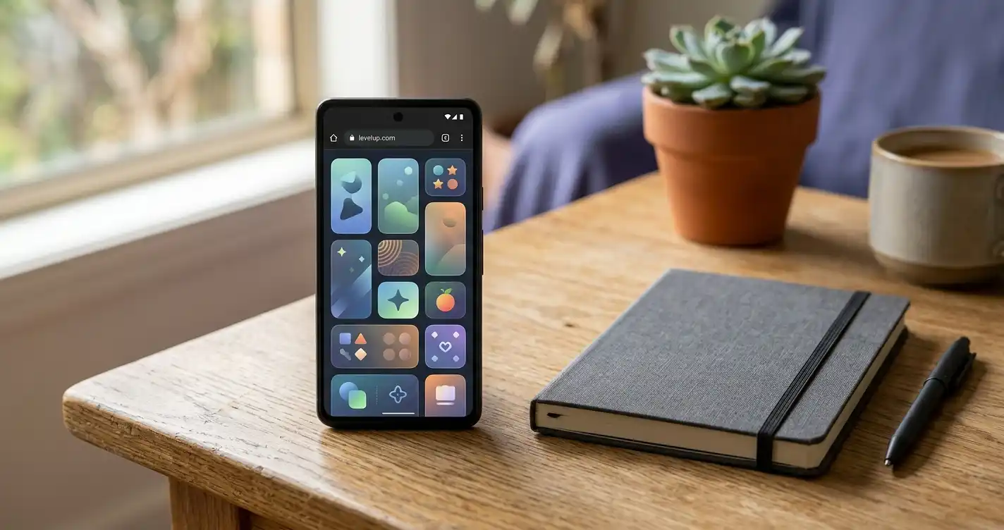 An upright smartphone showing abstract unbranded tiles beside a closed notebook in soft daylight