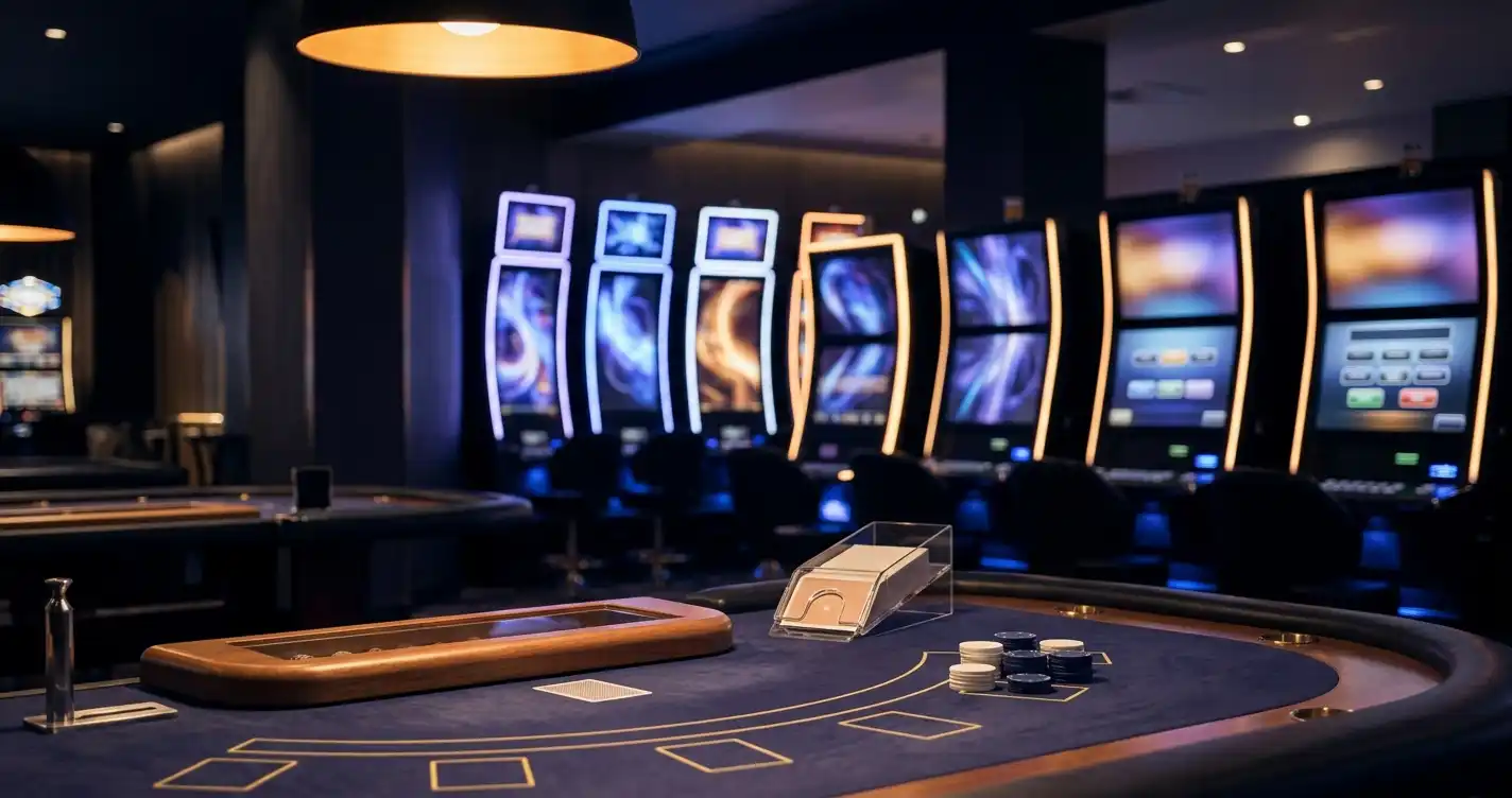 An unbranded live gaming table beside abstract slot-machine silhouettes in a softly lit studio